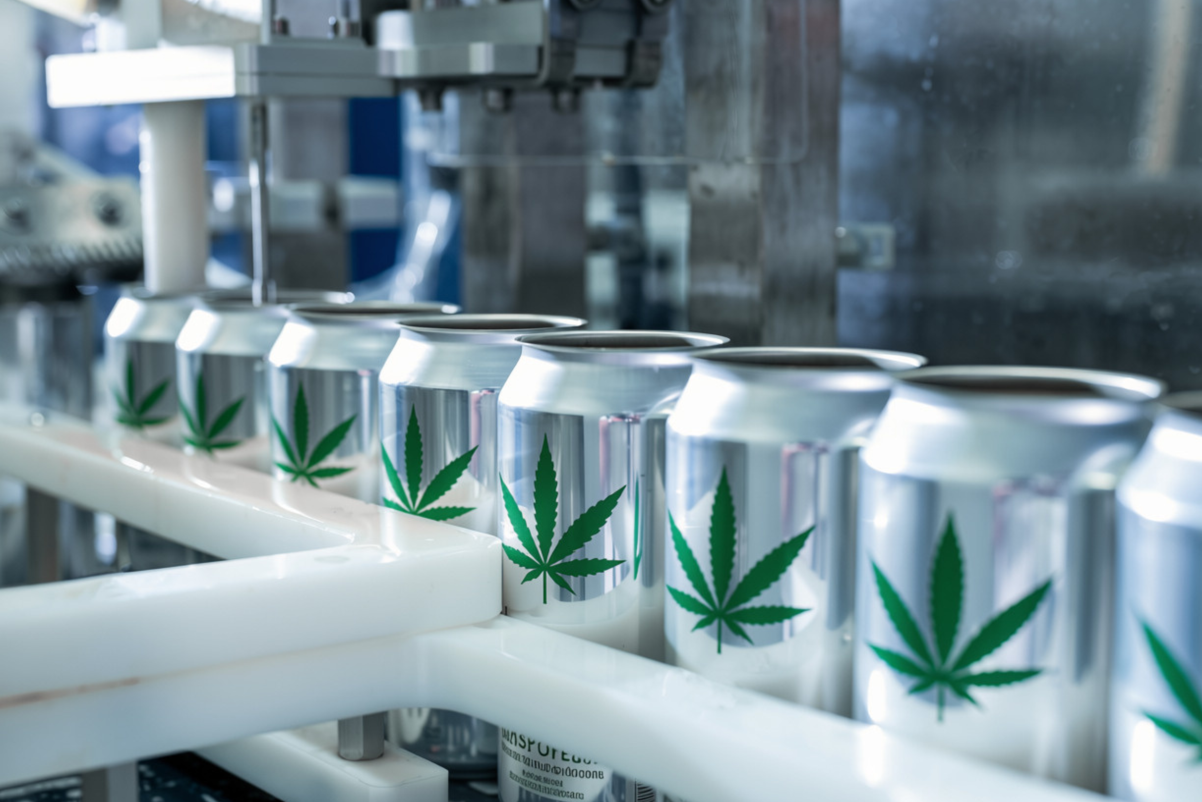 a line of cannabis-infused drinks beneath a manufacturing equipment