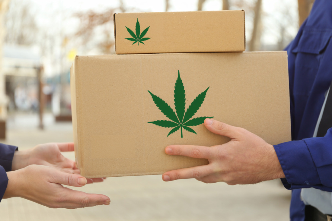 THC delivery guy hands two stacked boxes with hemp leaf logos to a customer