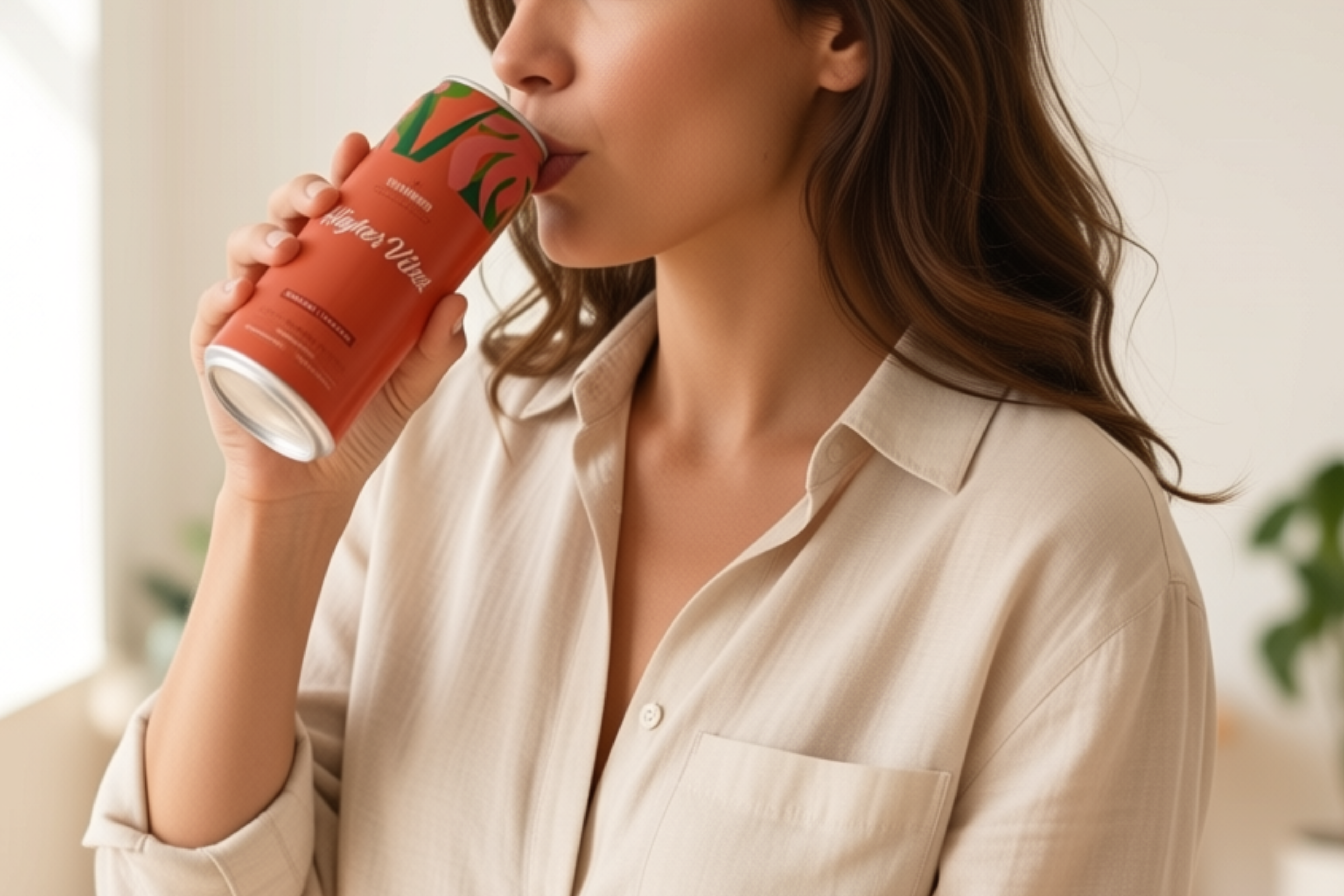 woman in a tan long-sleeved shirt sipping the Find Wunder Blood Orange Bitters canned THC drink