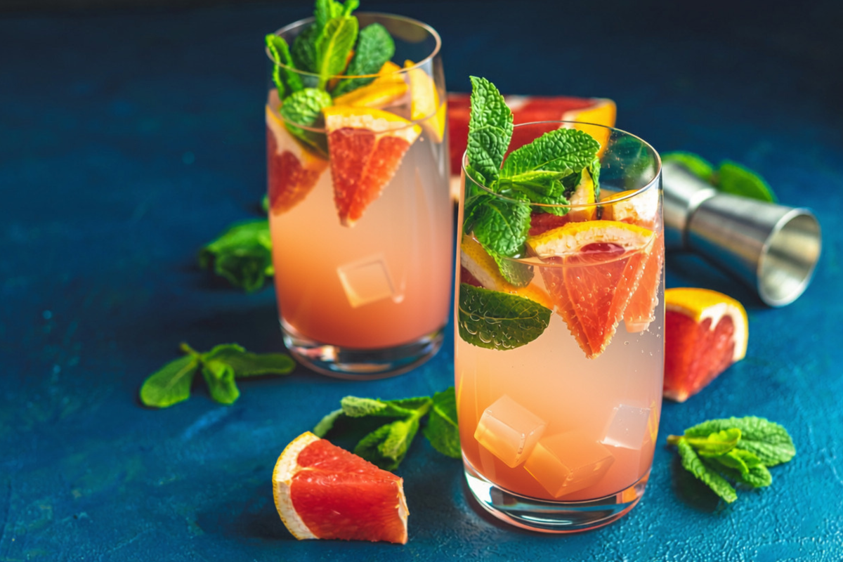2 glasses of Grapefruit Mint Cooler amid a shot glass, small chunks of grapefruit, and mint leaves