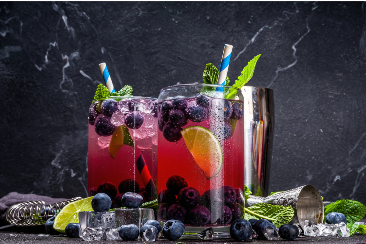 2 glasses of Blueberry Basil Lemonade surrounded by blueberries, lime, basil, ice, and a shot glass