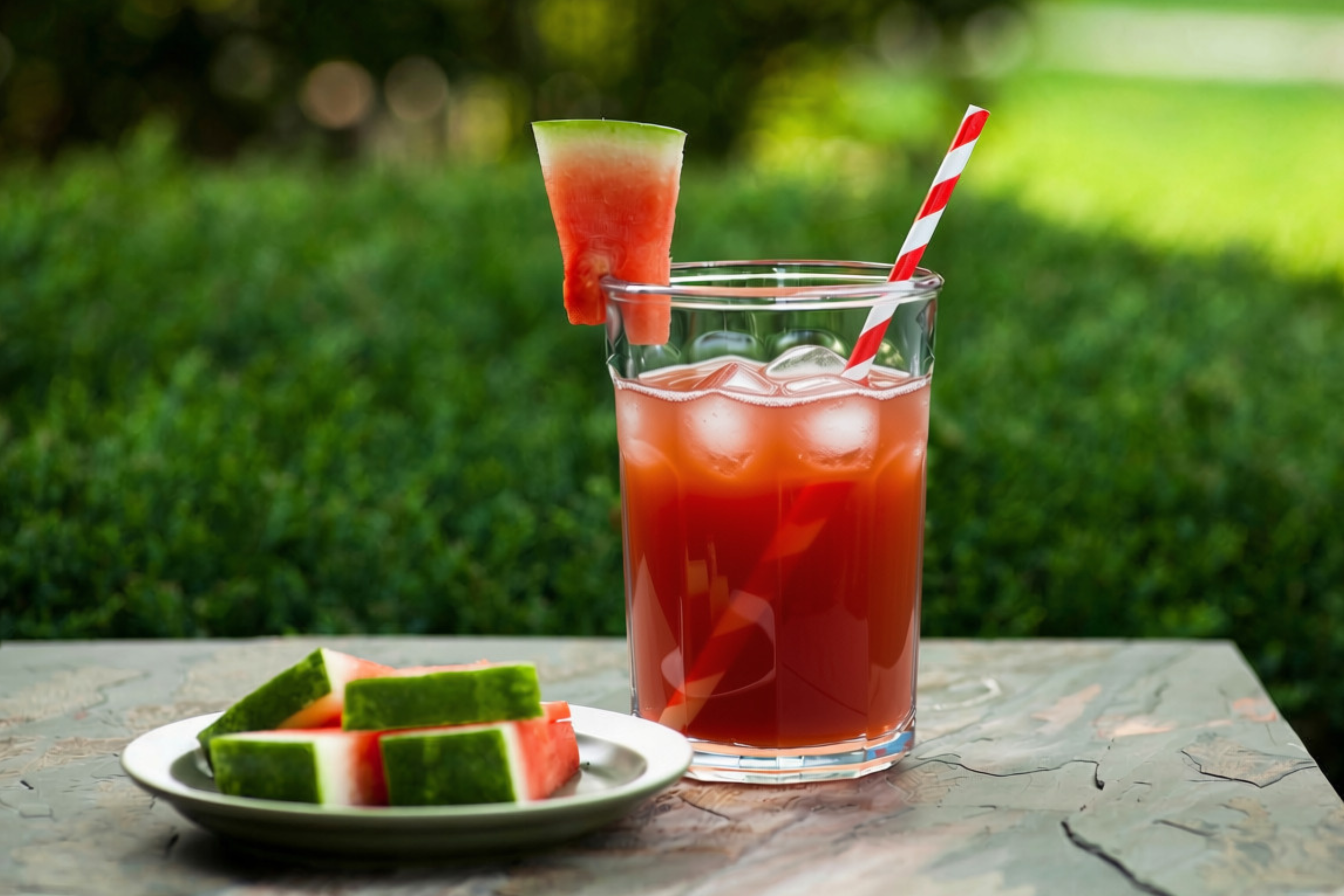a glass of Watermelon Cooler beside a plate of watermelon slices on a wooden table outdoors
