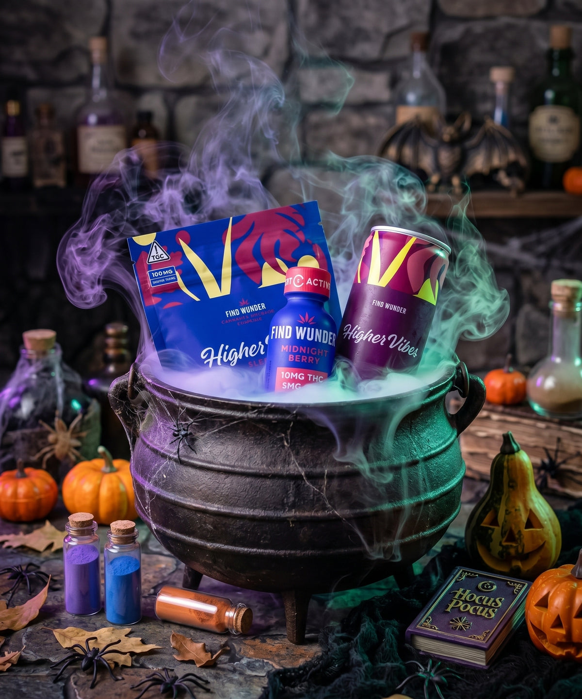 Midnight Bundle with gummies, Midnight Berry shooters, and Higher Vibes Blackberry Lemon in a smoky Halloween cauldron