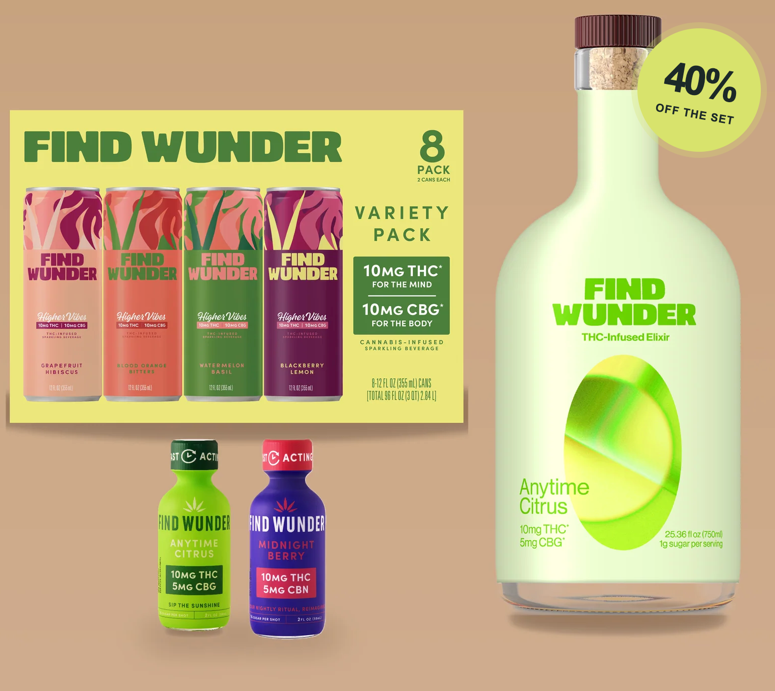 Find Wunder Host Set with citrus elixir bottle, Higher Vibes eight-can variety pack, citrus and berry shots, and a 40% off badge